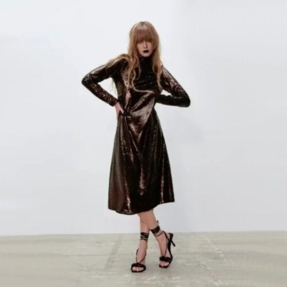 NWT Zara brown sequin long sleeve knit midi holiday dress, S - Picture 1 of 16